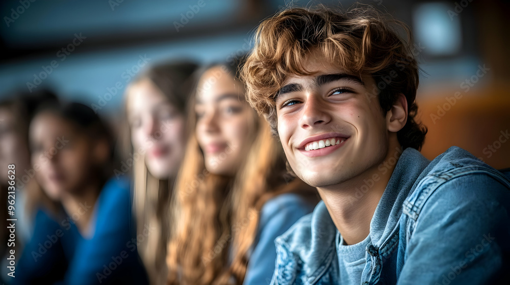 Obraz premium Smiling Teenager in a Group of Friends, Happy Teenager, Cheerful Young Man, Young Person Smiles, Group of Friends, Teenagers Hanging Out, Friends Together, Young People Laughing, Positive Energy