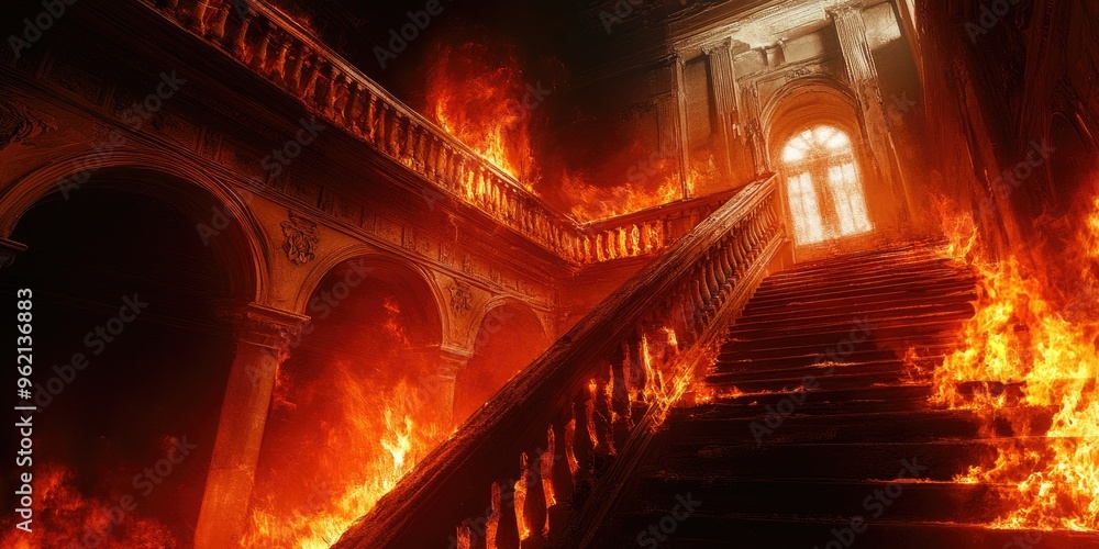 Obraz premium A burning staircase in an ornate building
