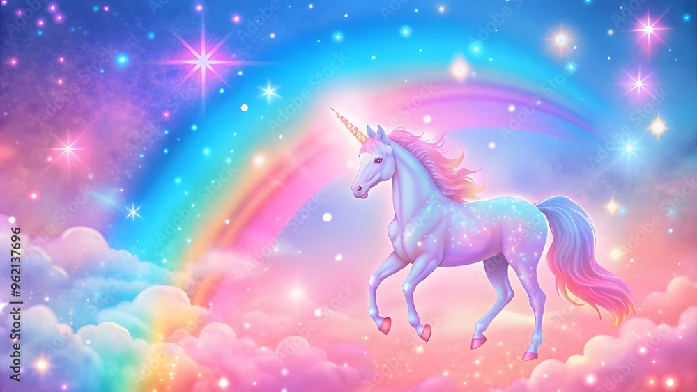 Fototapeta premium Whimsical pastel rainbow unicorn background shines with sparkling stars against a soft, pink fantasy sky Fairy iridescent gradient backdrop Backgrounds