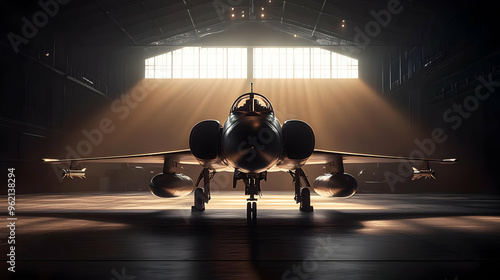 Military Aircraft Stands in Hangar with Sunlight Beams,  Ready for Takeoff, Awaiting Its Mission,  Dark Silhouette Against Bright Light photo