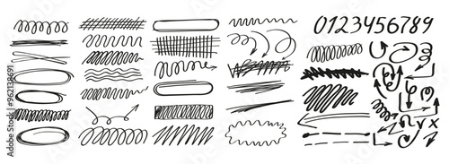 This vector illustration features a doodle-style set of linear underlines for text, along with filled text elements and arrows.