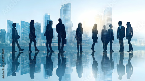 Silhouettes of Business Professionals Standing and Walking in a Modern Cityscape with Reflections on a Water Surface