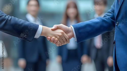 Businesspeople Shaking Hands in Front of Blurred Office Background - Agreement, Collaboration, Partnership, Success, Deal, Professional, Corporate, Teamwork,  Negotiation