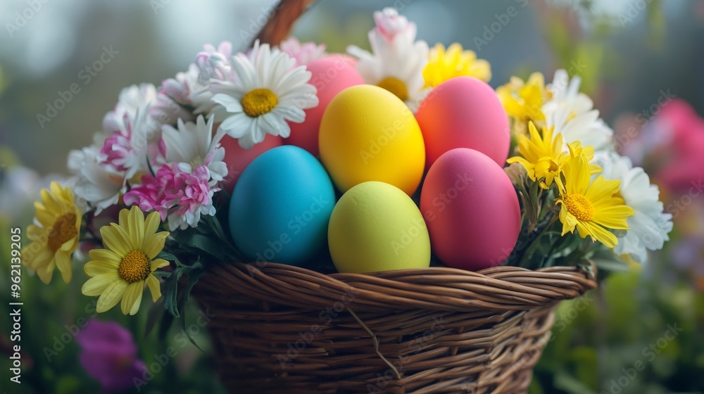 Colorful Easter eggs in a wicker basket with a spring flower arrangement. Colorful Easter eggs in a wicker basket with a spring flower arrangement.