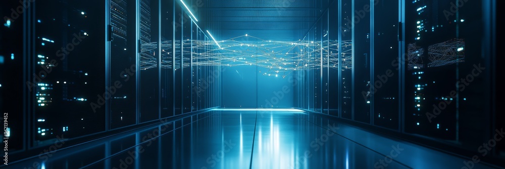 Glowing blue data connections streaming through a narrow server room. Futuristic digital infrastructure and network security. Glowing blue data connections streaming through a narrow server room. Futuristic digital infrastructure and network security.
