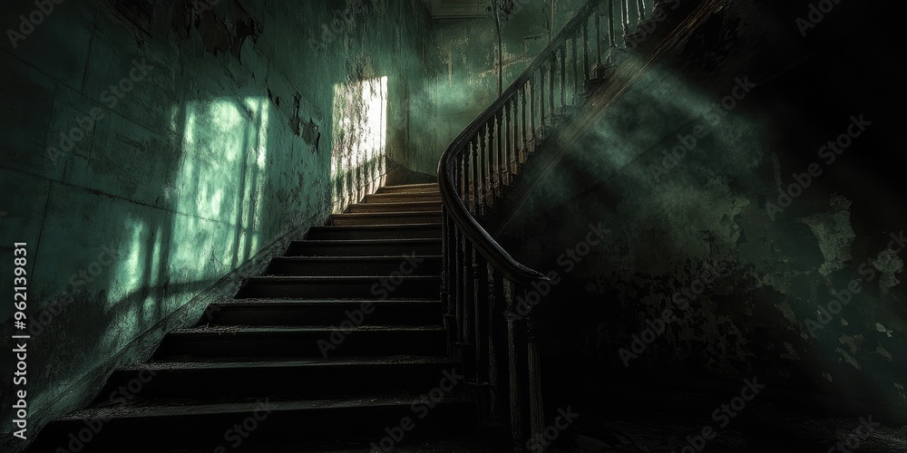 A Stairway Leading Upward in a Dark and Decaying Building A Stairway Leading Upward in a Dark and Decaying Building
