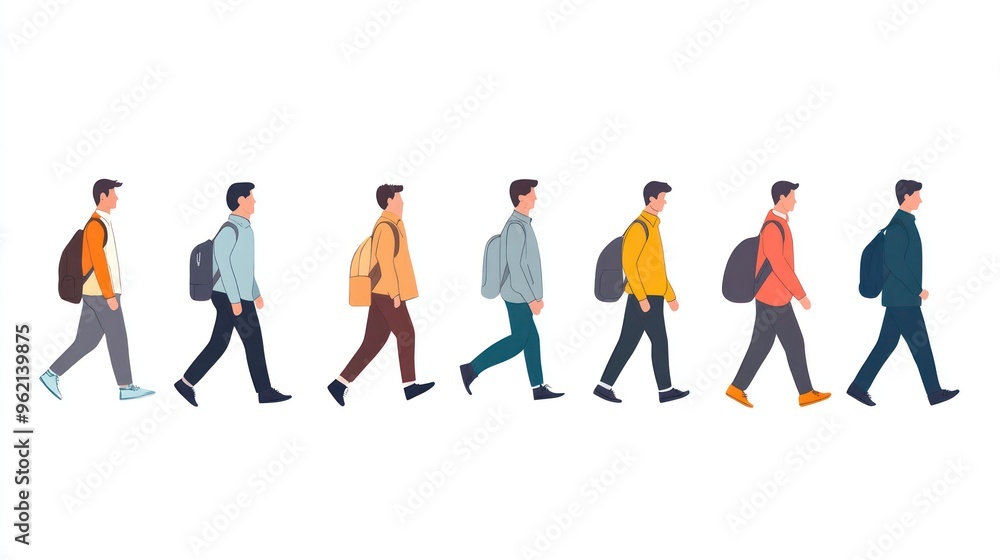 group of people in a row, men and women with various jobs walking to their workplace group of people in a row, men and women with various jobs walking to their workplace