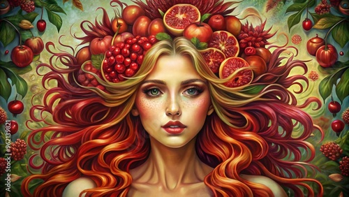 Advertising - testimonial photo of beautiful woman with pomegranate seeds instead of hair 