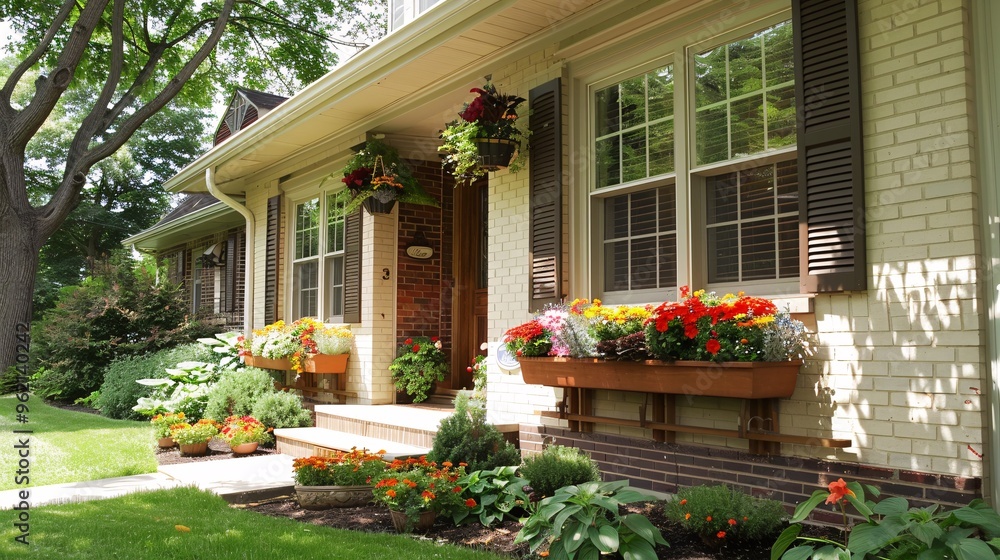 Fototapeta premium Classic house exterior with charming shutters and flower boxes