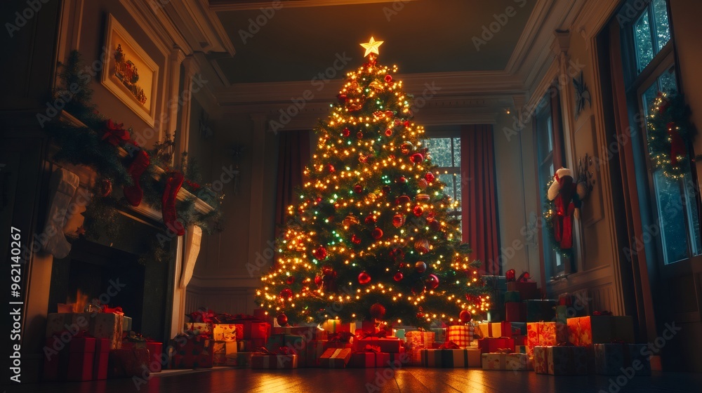 Fototapeta premium Decorated Christmas tree with presents underneath in a cozy living room.