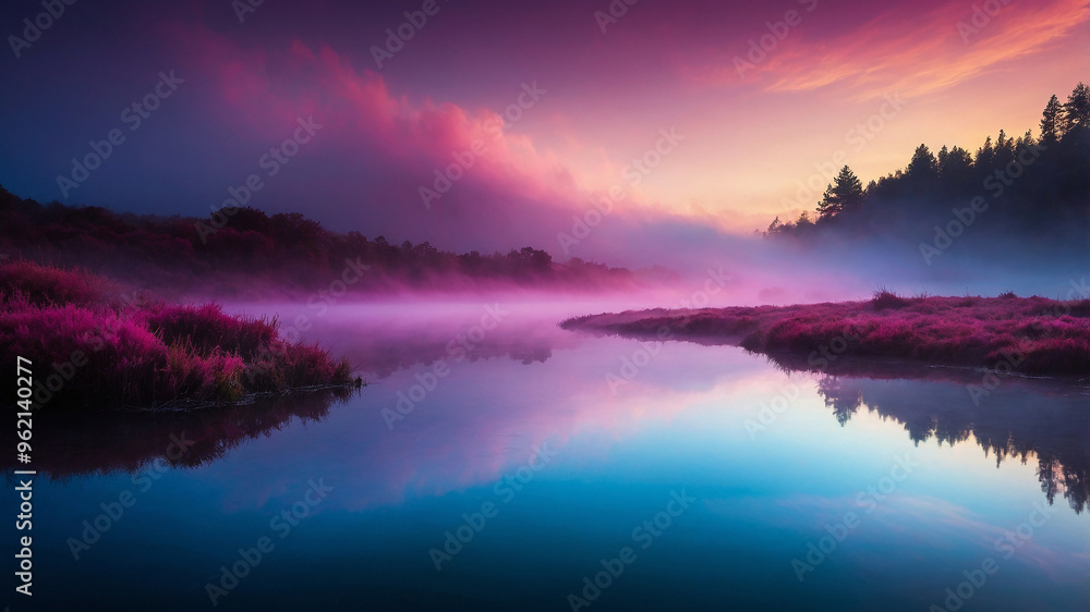 Enchanting twilight scene with vibrant colors over calm lake reflecting a misty forest landscape. Enchanting twilight scene with vibrant colors over calm lake reflecting a misty forest landscape.