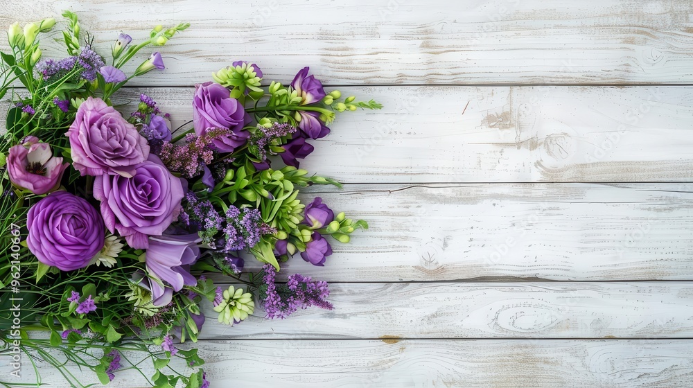 Fototapeta premium vibrant purple and green flower bouquet against a white wooden wall beautiful floral art with copy space