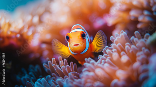 Close-Up Macro Shot of a Colorful Clownfish for Marine Photography, Ocean Aquatic Life Underwater Exploration