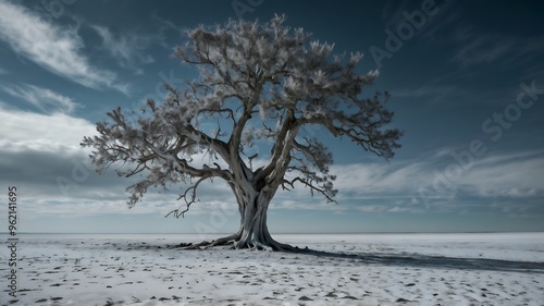 A Tree with dry braches in middle of a Deserted Land with a Blue Sky. photo