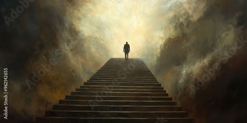 A lone figure ascends a staircase leading to a bright light. photo