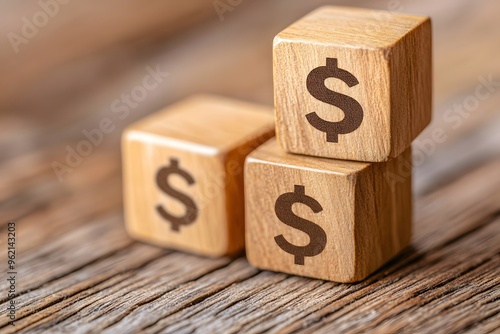 Wooden cubes with a dollar sign printed on them, isolated against a wooden background. 