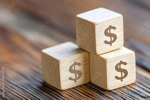 Wooden cubes with a dollar sign printed on them, isolated against a wooden background. 