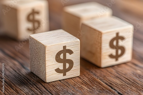 Wooden cubes with a dollar sign printed on them, isolated against a wooden background. 