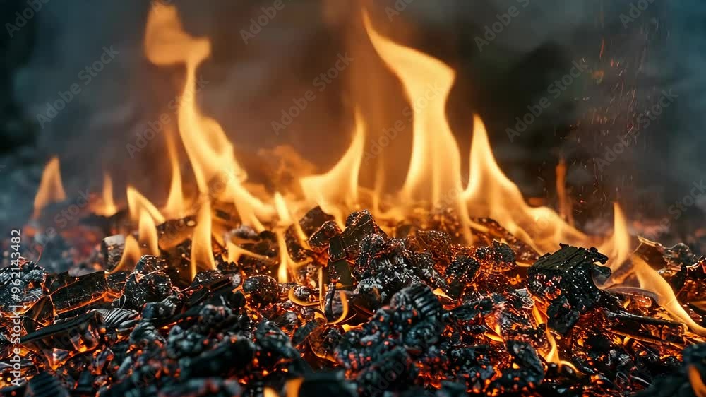 Flames raging from burning debris at a forest clearing during a warm summer day Flames raging from burning debris at a forest clearing during a warm summer day