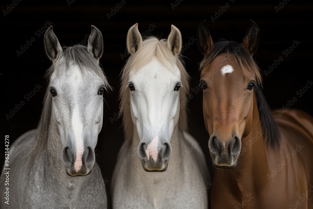 Obraz premium Three serene horses standing side side in stable