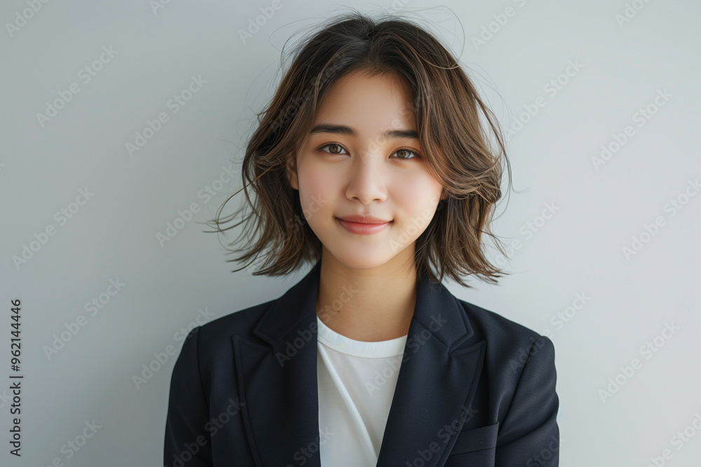 short hair asian woman wearing navy suit jacket and and white t-shirt, smiling dressed in professional attire and looks happy, solid clean white background short hair asian woman wearing navy suit jacket and and white t-shirt, smiling dressed in professional attire and looks happy, solid clean white background
