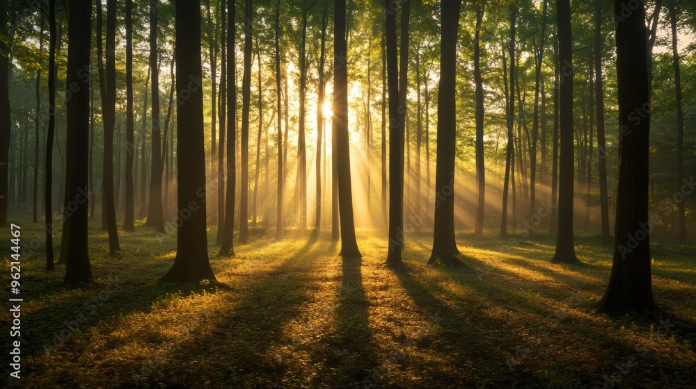 Fototapeta premium Golden light rays shine through trees in a misty forest.