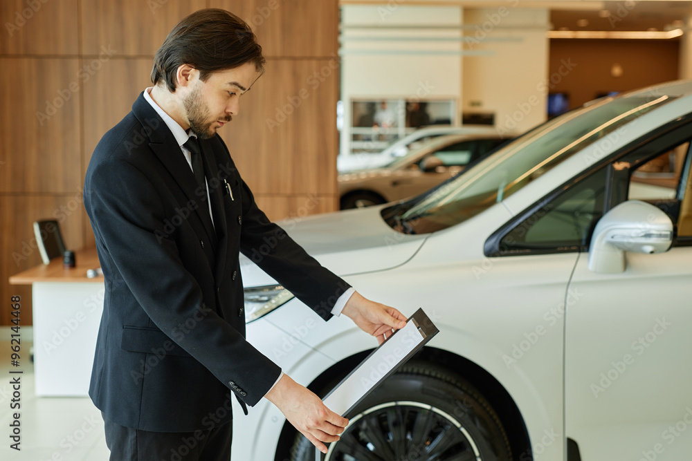 Look Dealer Machine Side view of Central Asian male auto dealer in black suit thoroughly ...