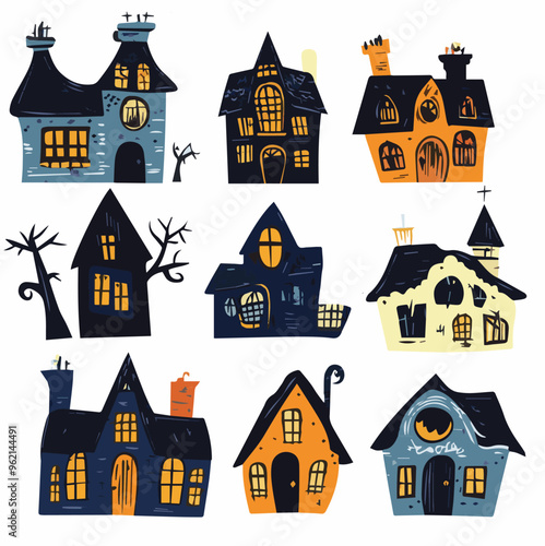 Vector set of cute haunted houses and eerie