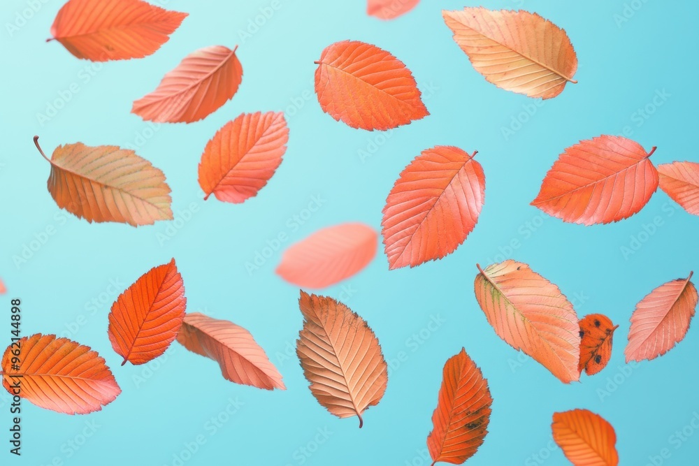 Autumn leaves floating serene blue background Autumn leaves floating serene blue background