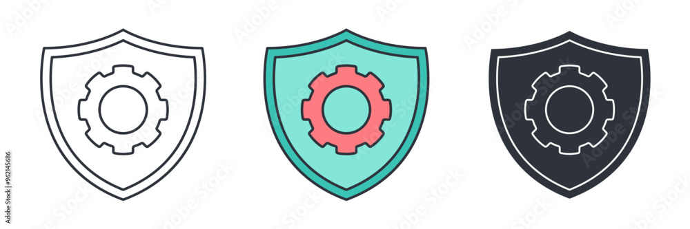 Security setting, Shield with cogwheel icon symbol vector illustration isolated on white background Security setting, Shield with cogwheel icon symbol vector illustration isolated on white background