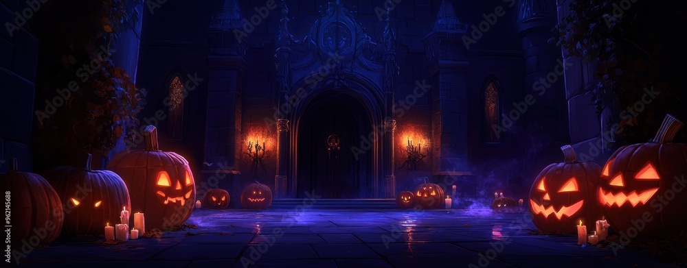 a dark room with candles and halloween pumpkins on the floor, cartoon style, game art design, castle entrance, night time Generative AI a dark room with candles and halloween pumpkins on the floor, cartoon style, game art design, castle entrance, night time Generative AI