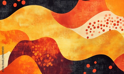 Abstract Painting with Wavy Shapes and Dots in Warm Colors