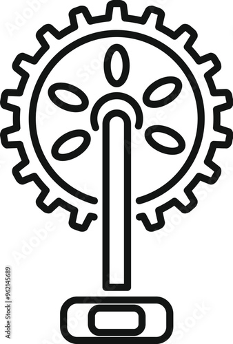 Linear icon of a bicycle crankset featuring a chainring and a pedal