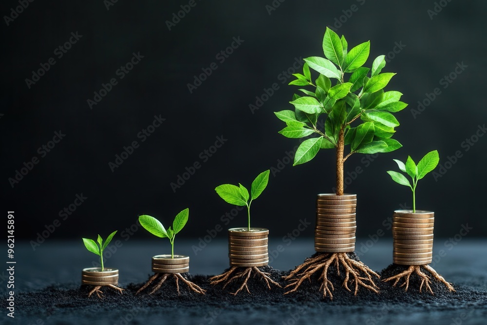 A visual representation of a growing tree with its roots labeled as assets and its branches as capital gains A visual representation of a growing tree with its roots labeled as assets and its branches as capital gains