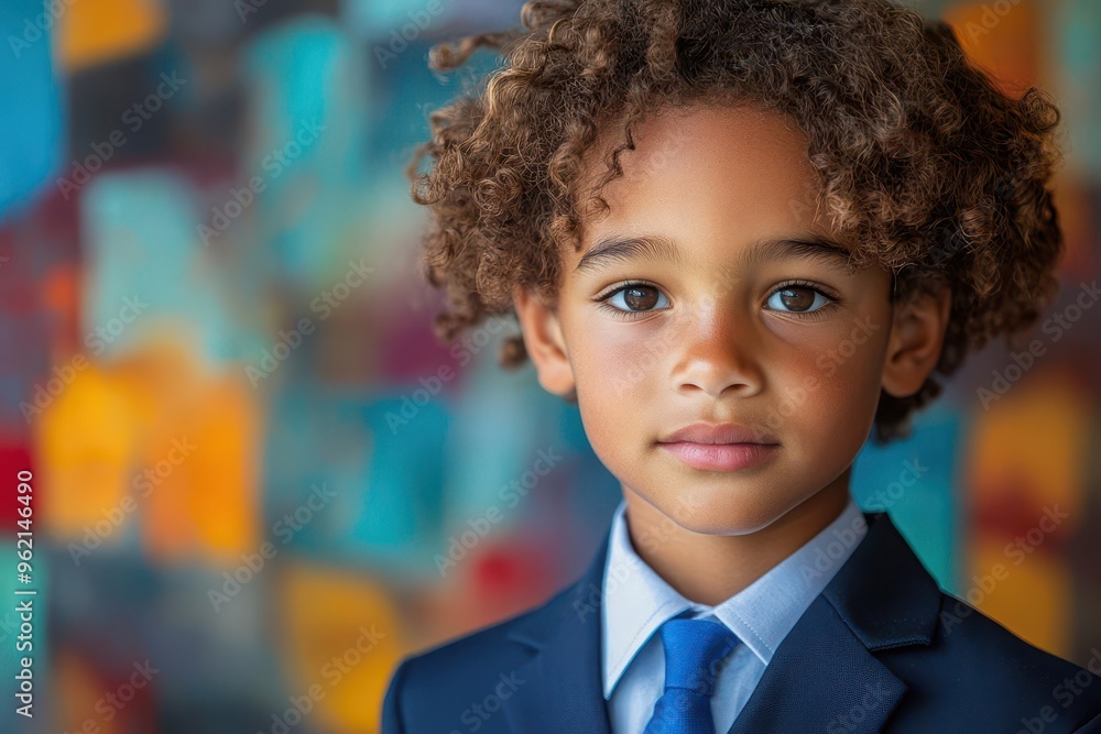 vibrant portrait of a young boy in a blue school uniform gazing forward with determination against a colorful abstract background vibrant portrait of a young boy in a blue school uniform gazing forward with determination against a colorful abstract background