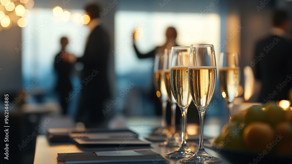 A corporate event with sleek, modern decor, where executives raise champagne flutes in a stylish boardroom setting A corporate event with sleek, modern decor, where executives raise champagne flutes in a stylish boardroom setting