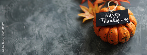Happy Thanksgiving tag hanging on an orange pumpkin with autumn leaves against dark background. Copy space.