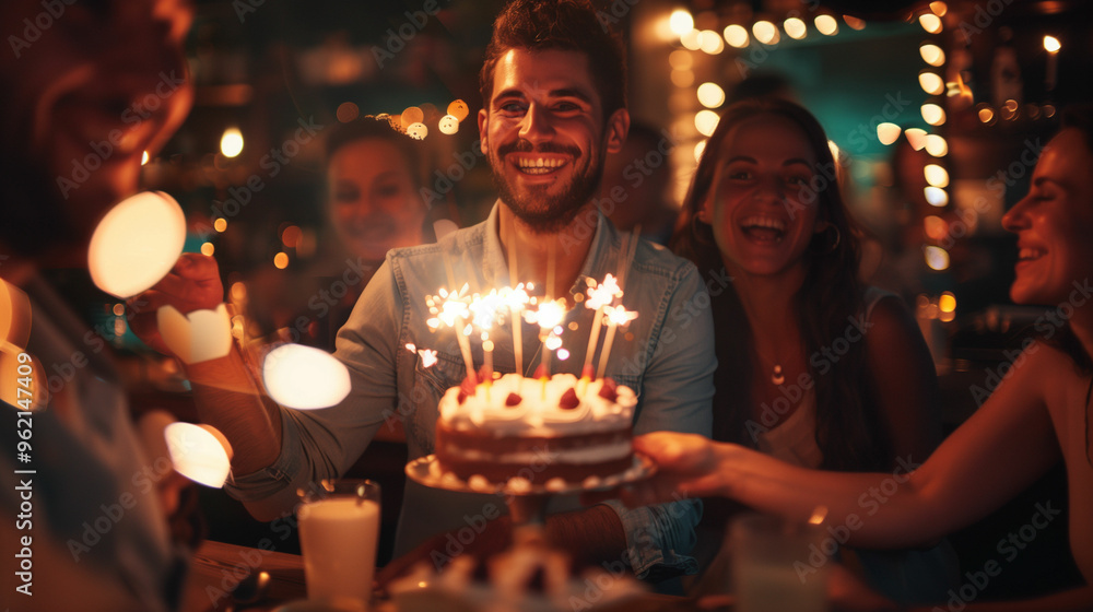 Group of friends celebrating a birthday at a lively restaurant with cake and candles Group of friends celebrating a birthday at a lively restaurant with cake and candles