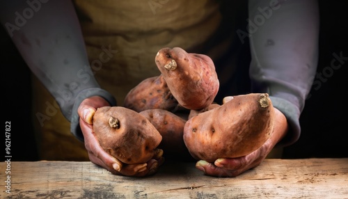 person cutting vegetables, man holding a bunch of on a table, handful of, hands of a man hold yams