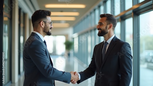 Corporate Diversity White and Middle Eastern Businessmen Shaking Hands in Office Lobby