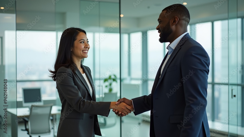 Diverse Business Partners Shaking Hands in Modern Office Setting Diverse Business Partners Shaking Hands in Modern Office Setting