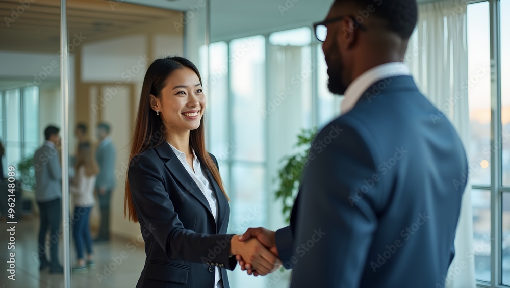 Diverse Business Partners Shaking Hands in Modern Office Setting Diverse Business Partners Shaking Hands in Modern Office Setting