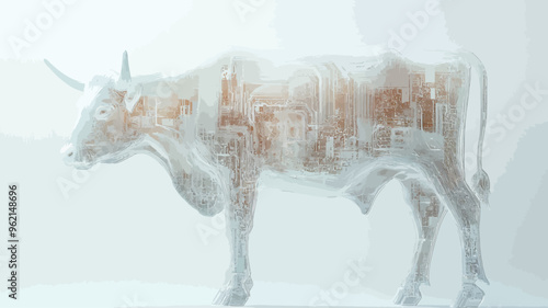 Double exposure of white cow and cityscape on white background. 3D rendering