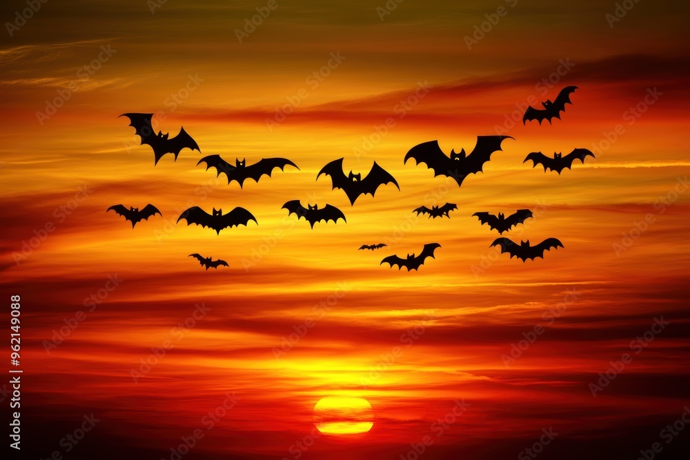 Silhouetted bats flying at sunset with vibrant orange sky Silhouetted bats flying at sunset with vibrant orange sky