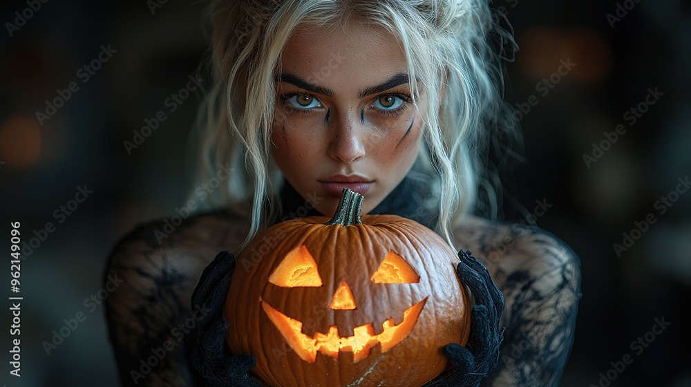 Sexy brunette woman in Halloween makeup and lingerie holds a pumpkin on black background. Halloween concept Sexy brunette woman in Halloween makeup and lingerie holds a pumpkin on black background. Halloween concept