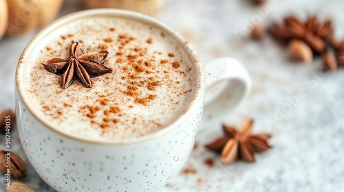 Warm spiced beverage garnished with star anise on a rustic table during cozy winter mornings