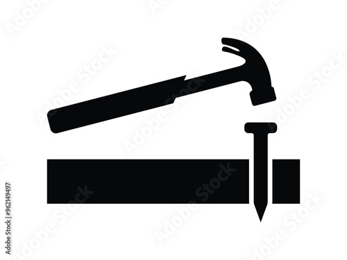 Hammer hit a nails silhouette vector, Hammer and board with nails. Working process. Repair tool. Carpenter hammer. isolated on a white background.