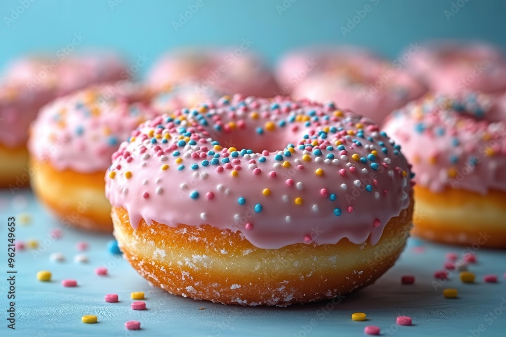 whimsical arrangement of pink frosted donuts with rainbow sprinkles soft pastel blue background adds contrast macro details highlight textures and colors whimsical arrangement of pink frosted donuts with rainbow sprinkles soft pastel blue background adds contrast macro details highlight textures and colors