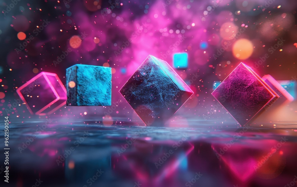 Neon Cubes on a Glowing Surface Neon Cubes on a Glowing Surface