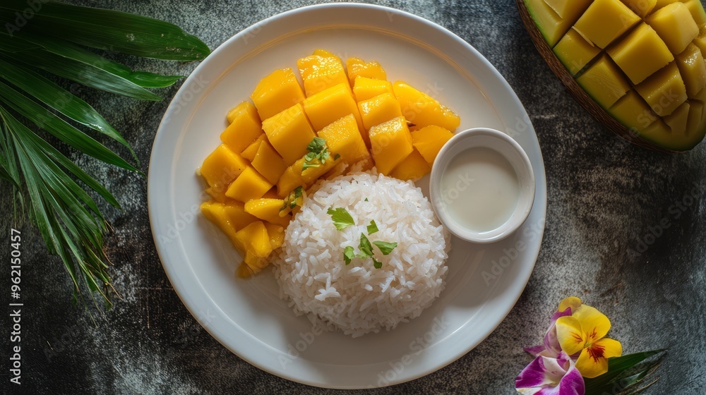 A plate of sliced mango, sticky rice, and coconut milk. A plate of sliced mango, sticky rice, and coconut milk.